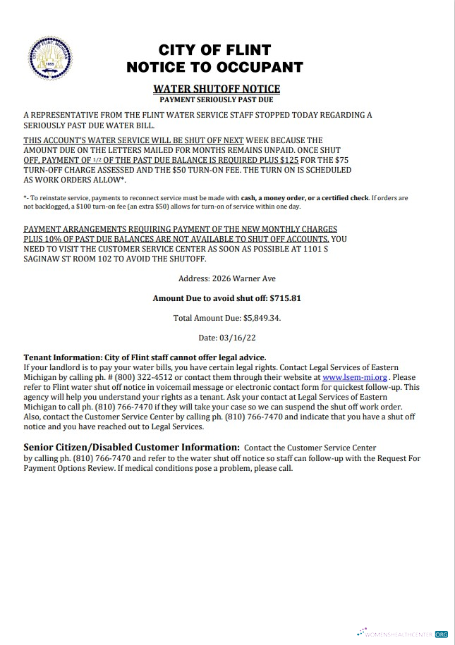 USA City of Flint Michigan Notice to occupant water utility bill shutoff notice, Word and PDF template